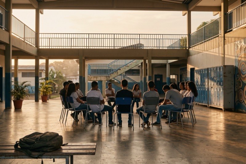 Roda de conversa com estudantes no pátio de uma escola pública ao fim da tarde