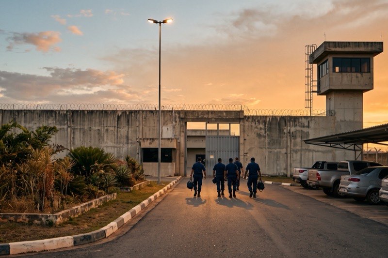 Servidores caminham em direção à entrada de uma unidade prisional ao fim da tarde