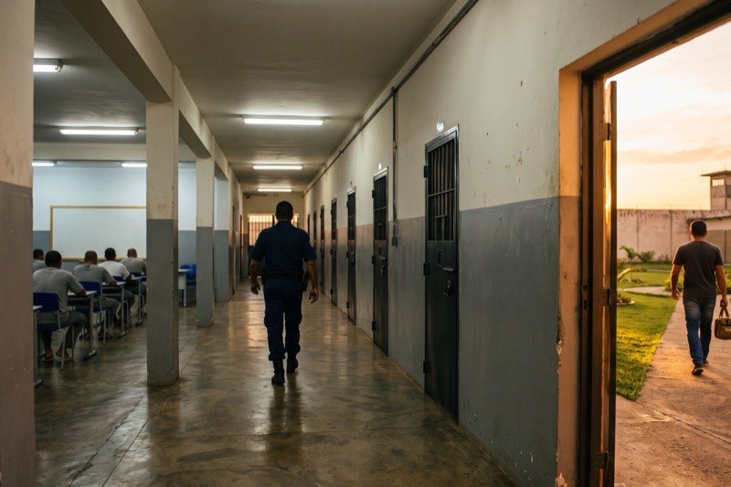 Corredor de uma unidade prisional com uma sala de aula ao fundo e uma abertura para o jardim externo